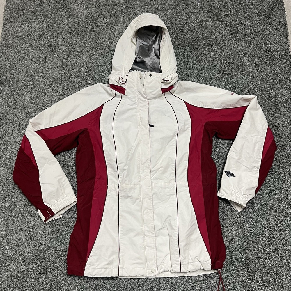 Columbia Interchange Hooded Jacket Womens Large White Red Waterproof Coat